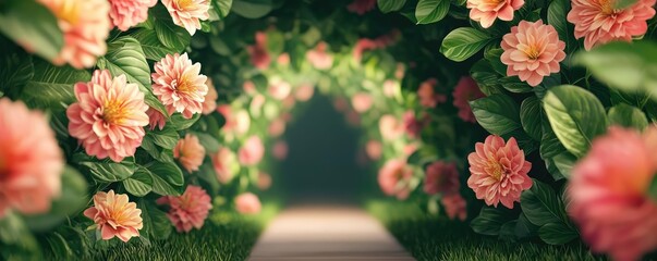 Poster - Mystical tropical concept. A beautiful floral path lined with blooming flowers, creating a serene atmosphere.
