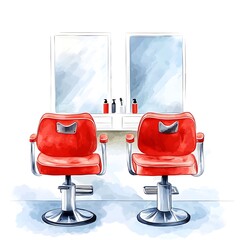 Watercolor illustration of two red barber chairs in front of mirrors in a barbershop.