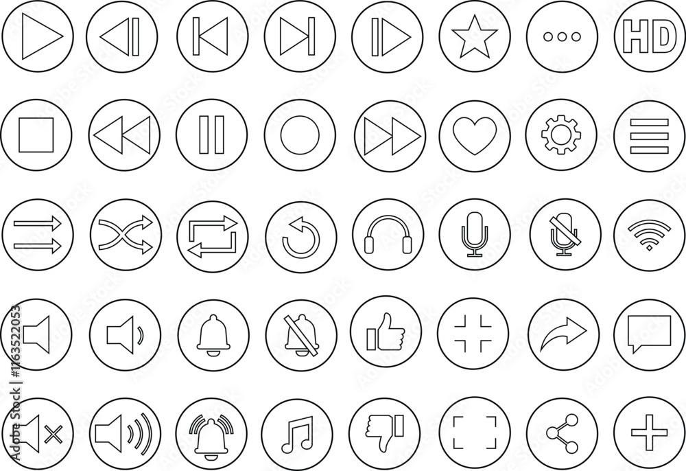 Media player icon set. Multimedia music audio control Media player ...