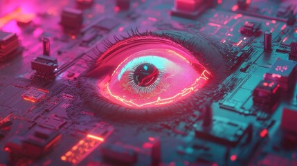 Wall Mural - Futuristic eye embedded in vibrant circuit board.