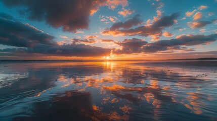Wall Mural - vibrant sunrise casting golden hues over the serene sea, colorful sky reflecting on calm ocean water
