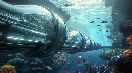 A futuristic virtual reality underwater transportation system with sleek, transparent tunnels and high-speed pods, surrounded by schools of fish and vibrant coral formations. 