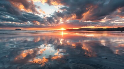 Wall Mural - Beautiful sunset on a pristine ocean beach, showcasing vibrant sky colors reflected on calm, tranquil waters