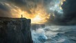 © achmad - Dramatic clifftop view of a person standing at the edge of a stormy ocean, with a vibrant sunset and dramatic clouds.