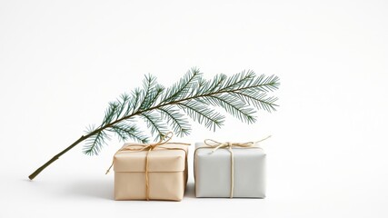 Wall Mural - Two simply wrapped gifts sit beneath a pine branch on a white background