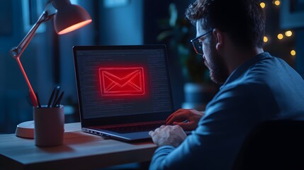 Man Working Late on Email Code Cybersecurity