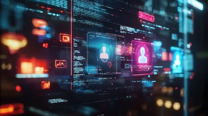 Wall Mural - futuristic digital interface: data streams and user profiles