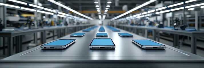 Wall Mural - Smartphones on a factory assembly line. AI.