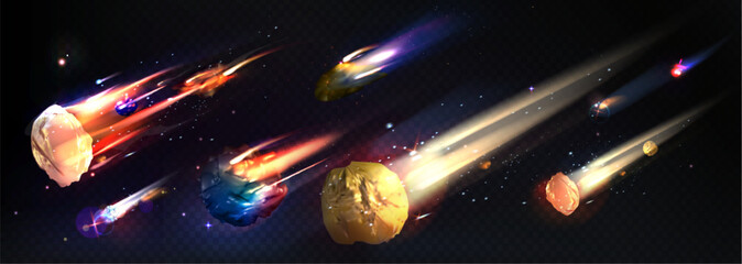 Wall Mural - flaming asteroid and colorful comets. realistic celestial objects blazing through deep space and lea