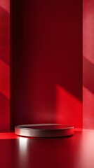 Wall Mural - a futuristic metallic podium with sharp, clean lines and an empty space, set against a rich red back