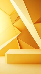 Wall Mural - a geometric podium with sharp angles, featuring a large empty display area, set against a soft yello