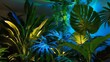 © Nikolai - Vivid green and blue neon light creating a luminous tropical jungle with layered leaves and glowing highlights for a vibrant exotic theme