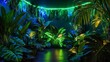 © Nikolai - Vivid green and blue neon light creating a luminous tropical jungle with layered leaves and glowing highlights for a vibrant exotic theme