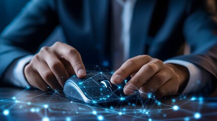 Businessperson using computer mouse digital network connection