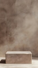 Wall Mural - a compact concrete podium with a matte finish and an empty display space, set against a soft taupe-c