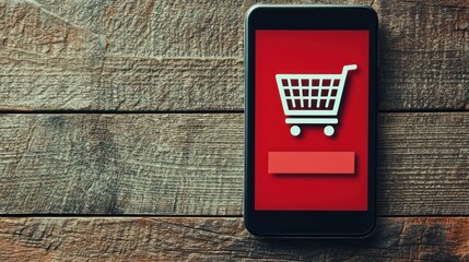 Smartphone displaying a shopping cart icon on red background