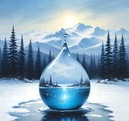 Illustration of water drop with snowy winter environment.