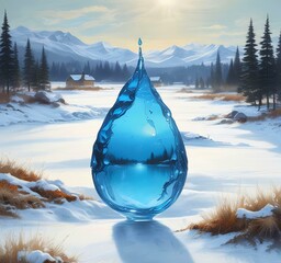 Illustration of water drop with snowy winter environment.