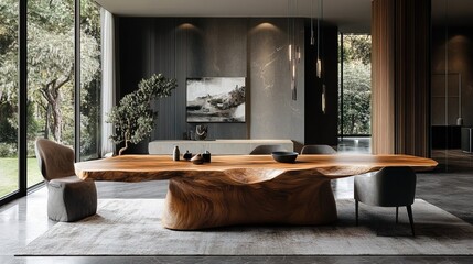 Wall Mural - A wooden dining table is showcased in a modern living room