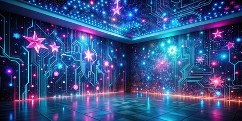 Wall Mural - Illuminated Room with Circuit Board and Star Design Featuring Neon Lights and Gleaming Floor