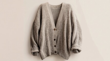 Canvas Print - Oversized grey wool cardigan sweater on neutral background.