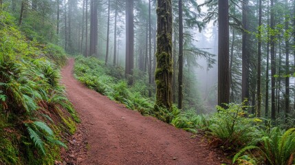 Leinwandbilder - Misty forest trail winding through lush greenery and tall trees.