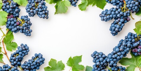 Sticker - Fresh dark grapes with green leaves arranged in a frame on a white background.