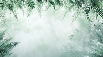 Poster - Misty forest scene with ferns framing a soft, light background.