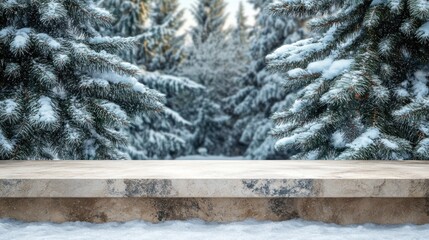 Poster - Empty stone surface with snowy winter forest background.