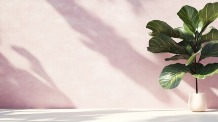 Poster - Pink wall background with fiddle leaf fig plant in a pot.