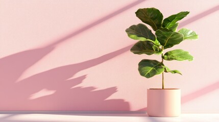 Aufkleber - A fiddle leaf fig plant in a pink pot casts shadows on a pink wall.
