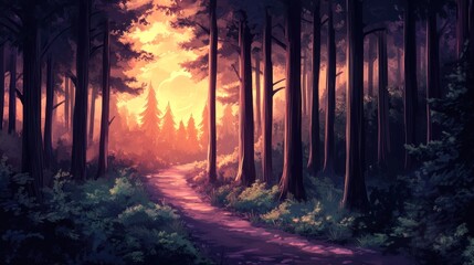 Aufkleber - Sunlit path winding through a dense forest at sunset.