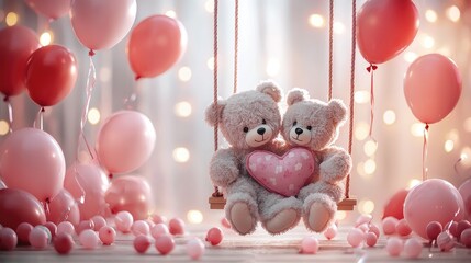 Wall Mural - A cozy scene featuring two teddy bears on a swing, surrounded by pink balloons and soft lights, evoking a romantic and whimsical atmosphere.