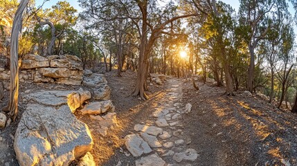 Aufkleber - Sunlit trail through a rocky, wooded area at sunset.