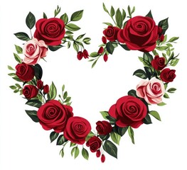 Wall Mural - Heart-shaped arrangement made of red roses on a white background, with no shadows