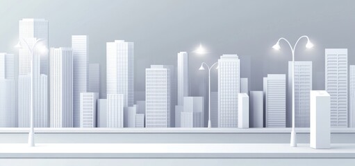 Poster - Minimalist cityscape at night with illuminated streetlights and modern buildings.