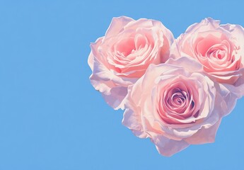 Wall Mural - Pink roses arranged in the shape of a heart, isolated on a blue background, with no shadows