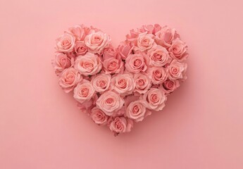Wall Mural - Pink roses arranged in the shape of a heart, isolated on a pink background, with no shadows, and without any text or letters