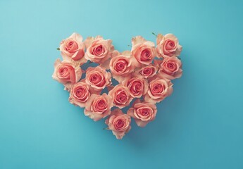 Wall Mural - Pink roses arranged in the shape of a heart, isolated on a blue background, with no shadows