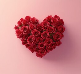 red roses arranged in the shape of a heart on a pink background, isolated with no shadows