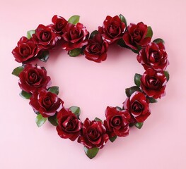 Wall Mural - Red roses arranged in the shape of a heart on a pink background, isolated with no shadows