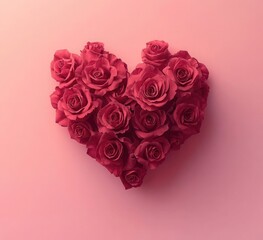 Wall Mural - Red roses arranged in the shape of a heart on a pink background, isolated with no shadows