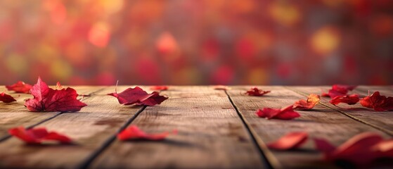 Wall Mural - Red autumn leaves scattered on rustic wooden table against blurred fall foliage background.