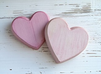 Wall Mural - Two pink wooden hearts on a white wood background, with copy space for a concept for Valentine's Day, love and romance, or a romantic family nature theme