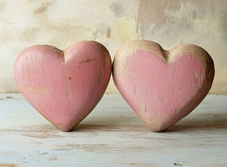 Wall Mural - Two pink wooden hearts on a white wood background, with copy space for a concept of Valentine's Day celebration, a love and romance theme