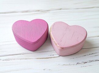 Wall Mural - Two pink wooden hearts on a white wood background, with copy space for a concept for Valentine's Day, love and romance, or a romantic family nature theme