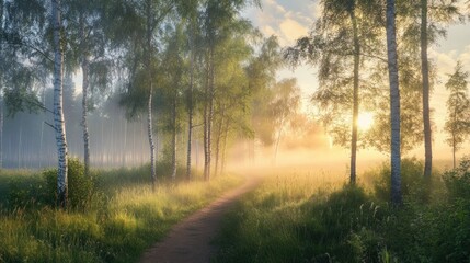Poster - Sunlit path through misty birch forest at sunrise.