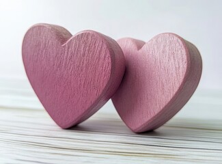 Wall Mural - Two pink wooden hearts on a white background, with copy space for a concept of Valentine's Day celebration. The theme is love and romance, with a love symbol