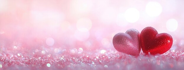 Wall Mural - Two red hearts on a pink glittery background with bokeh lights, creating a romantic concept for a Valentine's Day banner