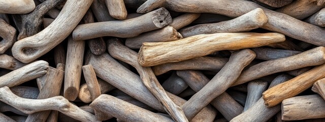 Poster - Close-up of a pile of weathered driftwood pieces, showing texture and color variations.